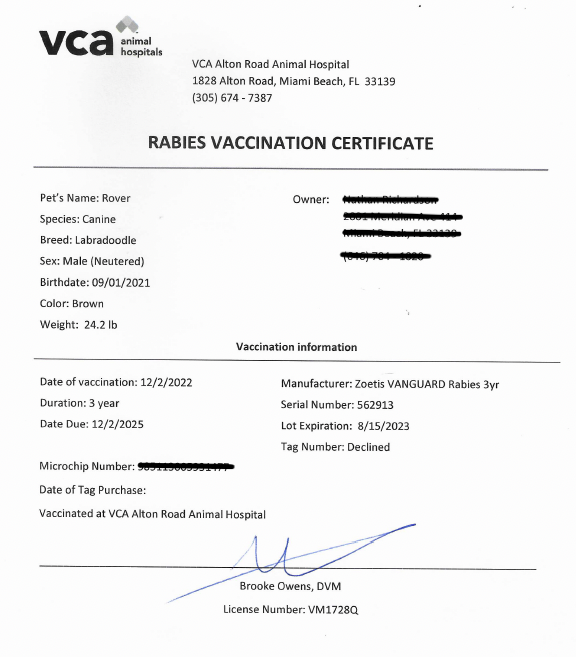What are the rabies vaccination certificate requirements 